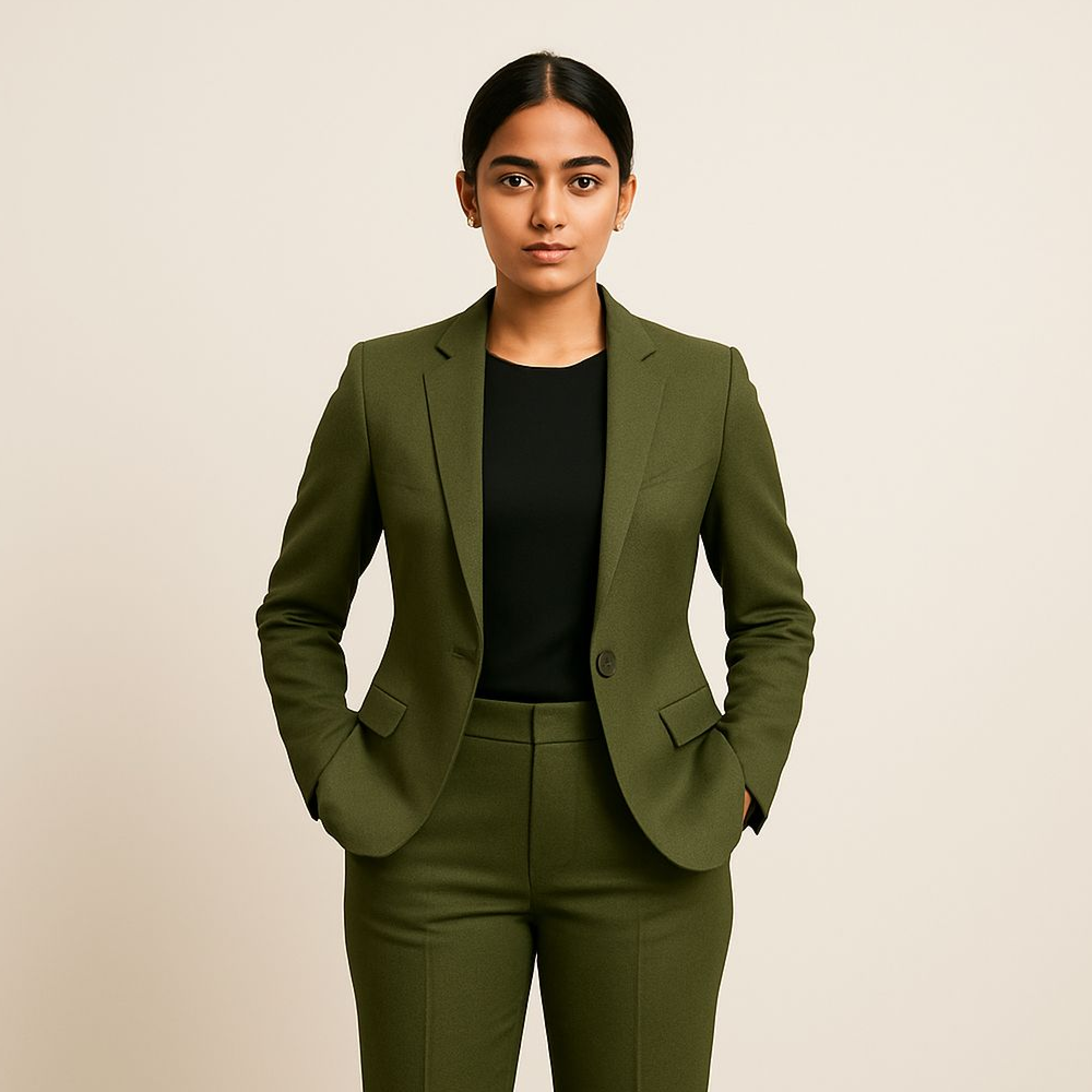 Woman wearing an olive green blazer and matching trousers, styled as a formal suit.