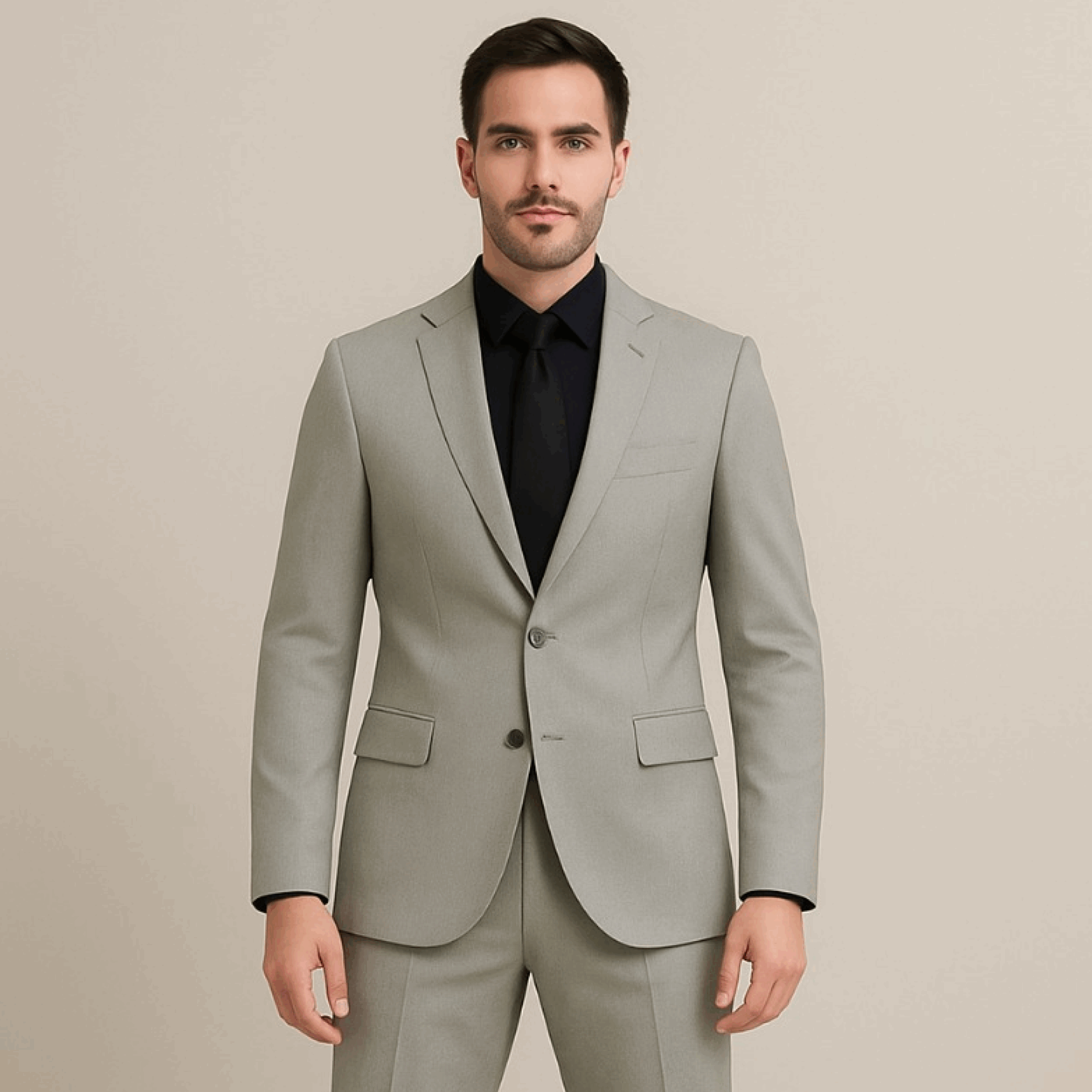 Man wearing a slim-fit light grey suit with a black shirt and tie.
