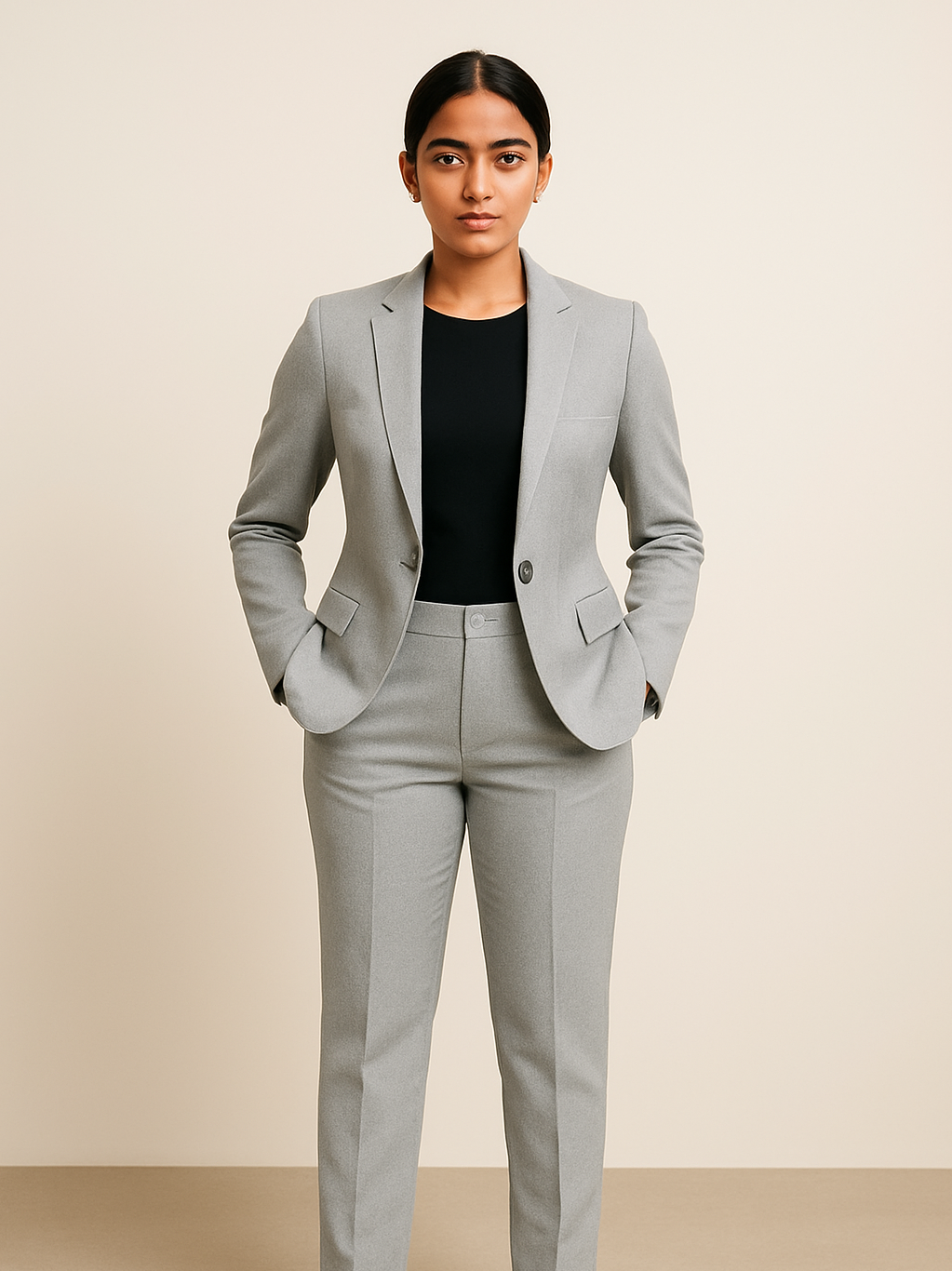 Woman in a tailored light grey blazer and trouser suit.