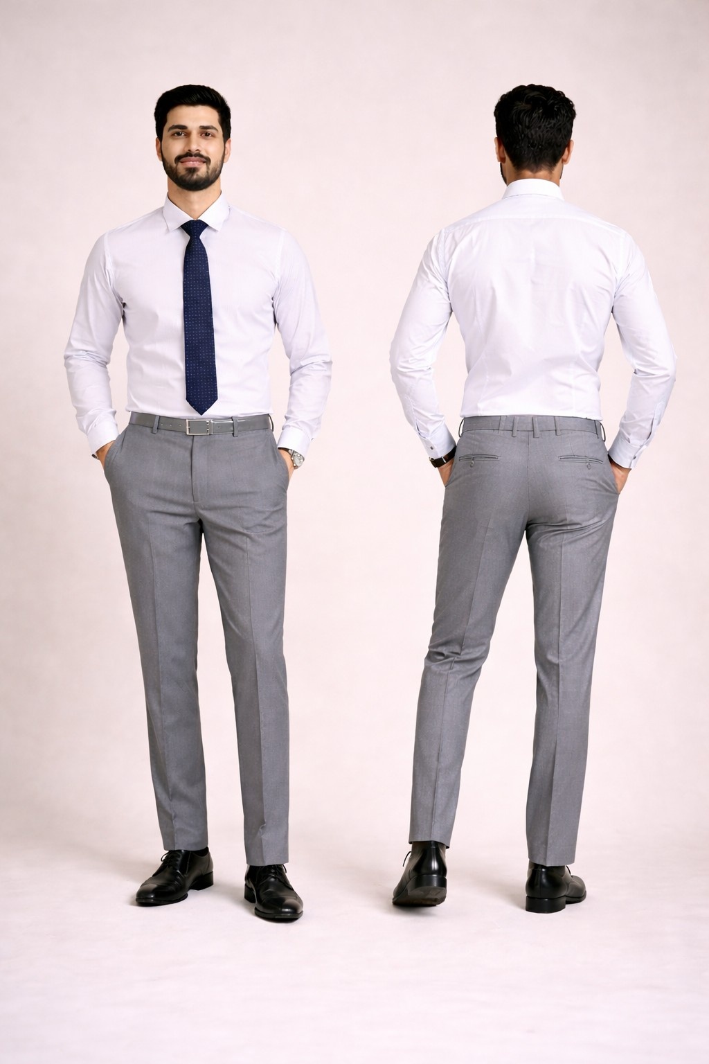 Front and back view of men’s formal trousers manufactured in Delhi/NCR at affordable pricing