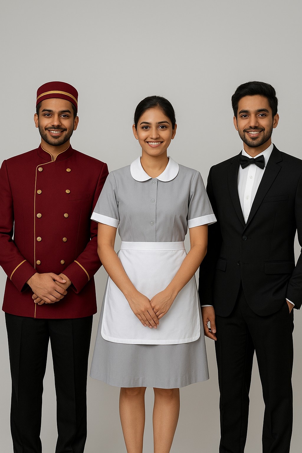Hospitality staff uniforms including bellboy, housekeeping and service attire by Movero Textiles, located in Delhi/NCR with affordable pricing