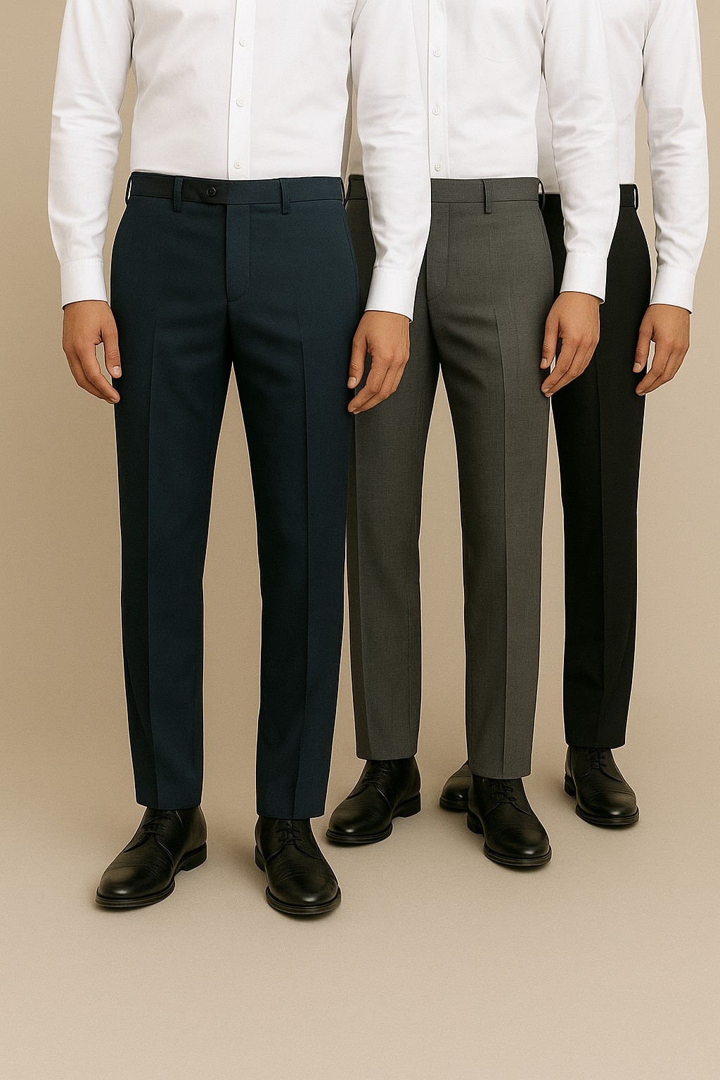 Close-up view of three men wearing formal trousers in different colours.