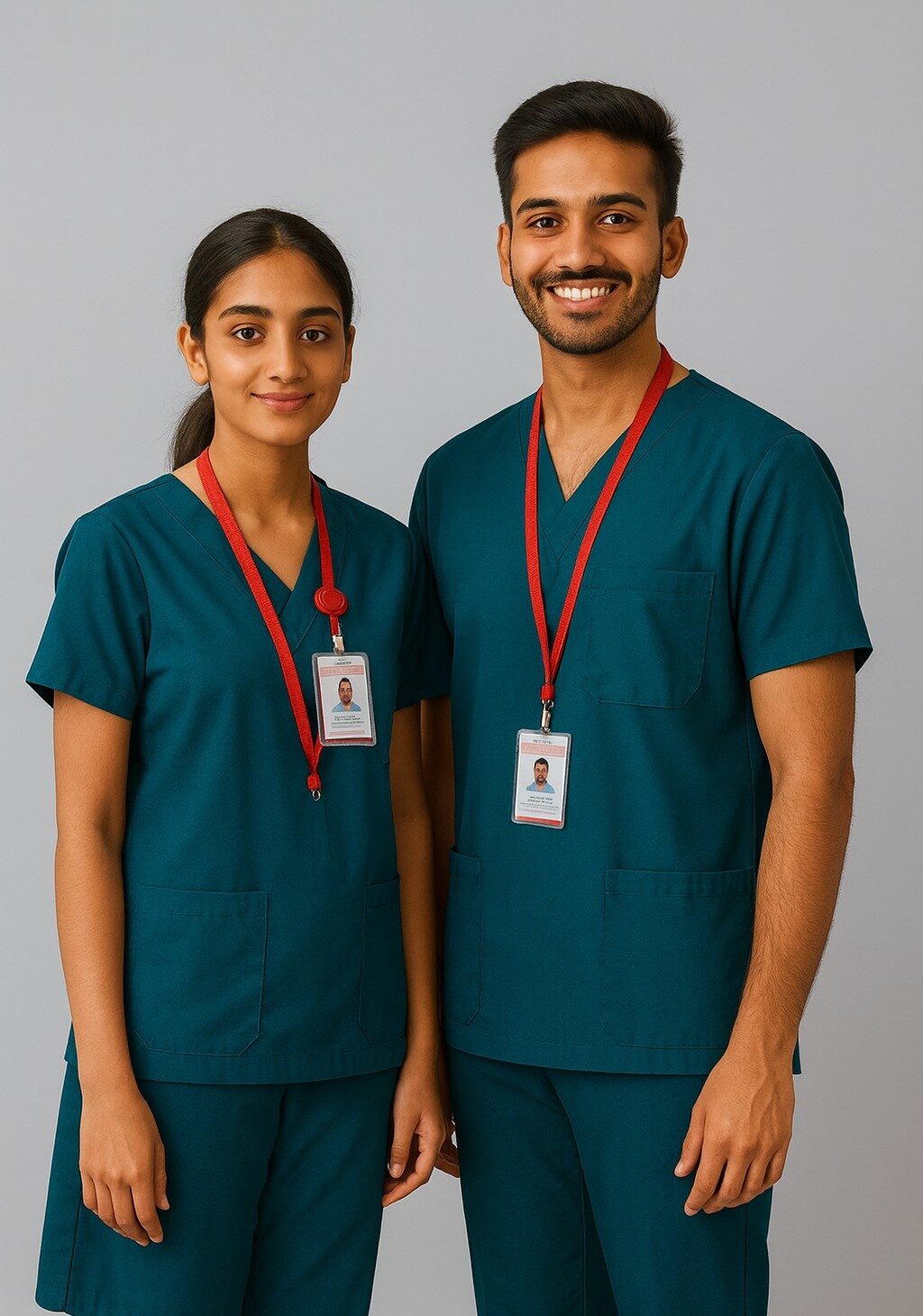 Group of nurses wearing coordinated blue medical scrub sets.