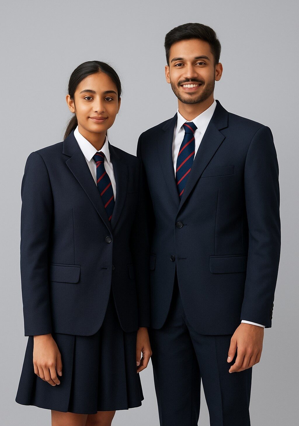 Students wearing navy black blazers, white shirts with badges, grey trousers, and ties as institutional uniforms.