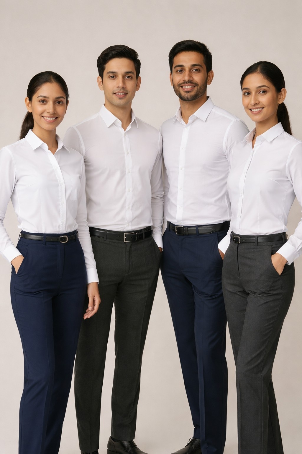 Four professionals wearing white shirts and formal trousers, styled as corporate office uniforms.